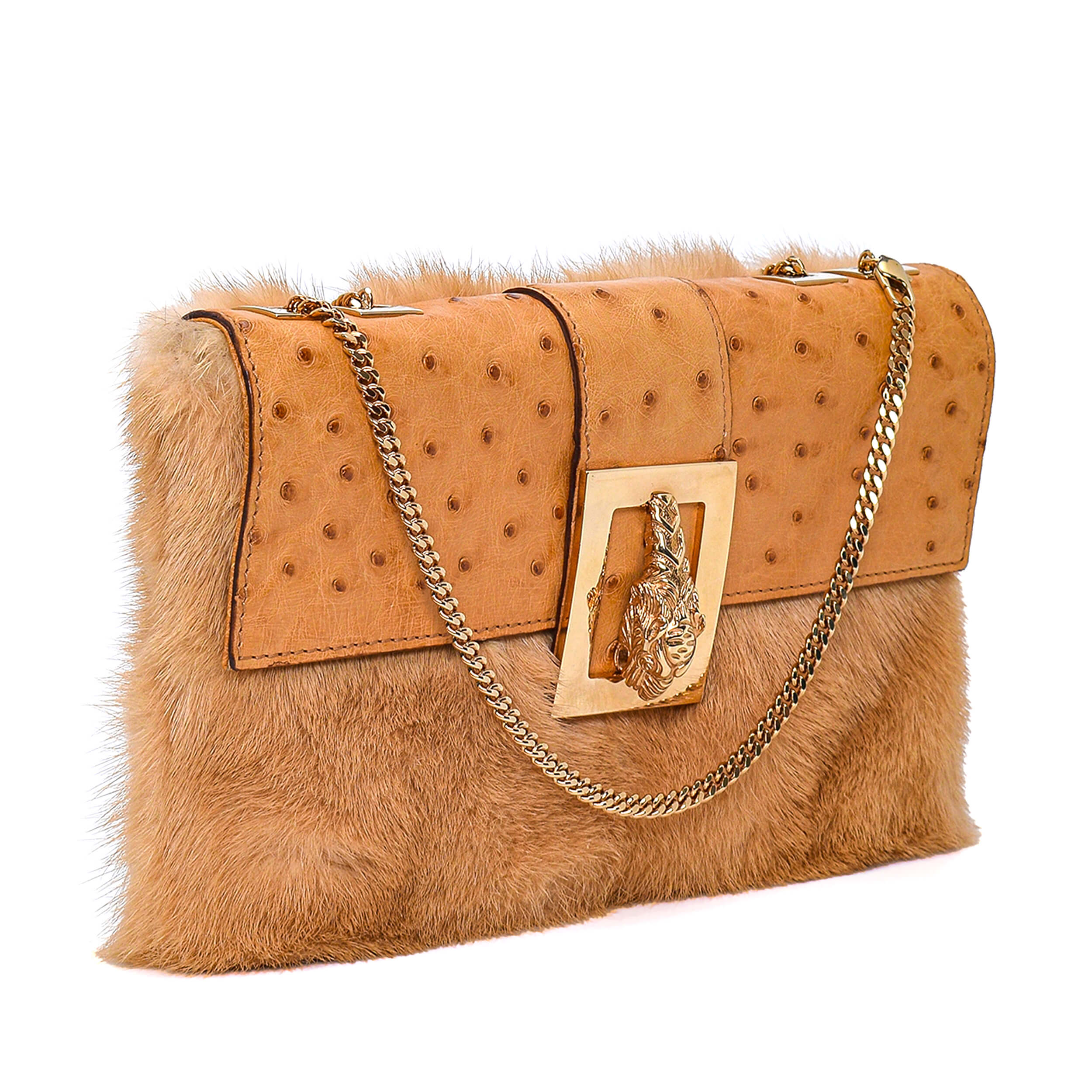 Gucci - Brown Ostrich & Fur Tiger Buckle Crossbody Bag